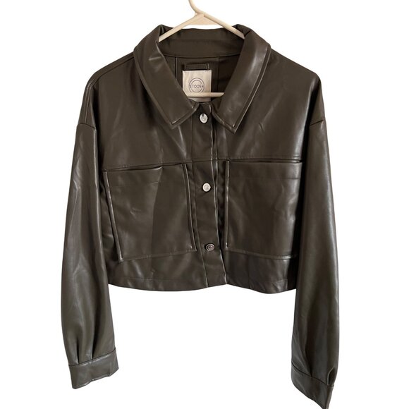 Stoosh Chic Faux Leather Cropped Button Down Collared Jacket In Olive Green - Picture 1 of 7